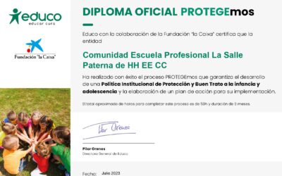 La Comunidad Escuela Profesional La Salle Paterna de HH EE CC ha obtenido el diploma oficial de PROTEGEmos