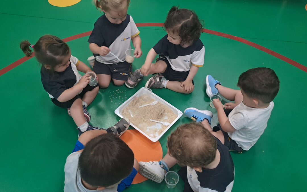 En la escuela infantil Desamparados-La Salle, en el aula de 1 año, se llevó a cabo una actividad de trasvases utilizando arroz, cucharas de distintos tamaños y vasos